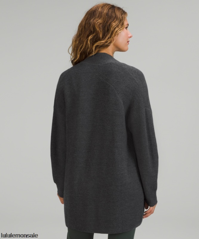 Lululemon Damen DELULU483 | Gerippter Langer Wickelpullover Aus Merinowollmischung Schwarz Meliert